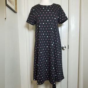 LULAROE M Black Pink Polka dot Heart A Line Side Pockets Swing Midi Dress